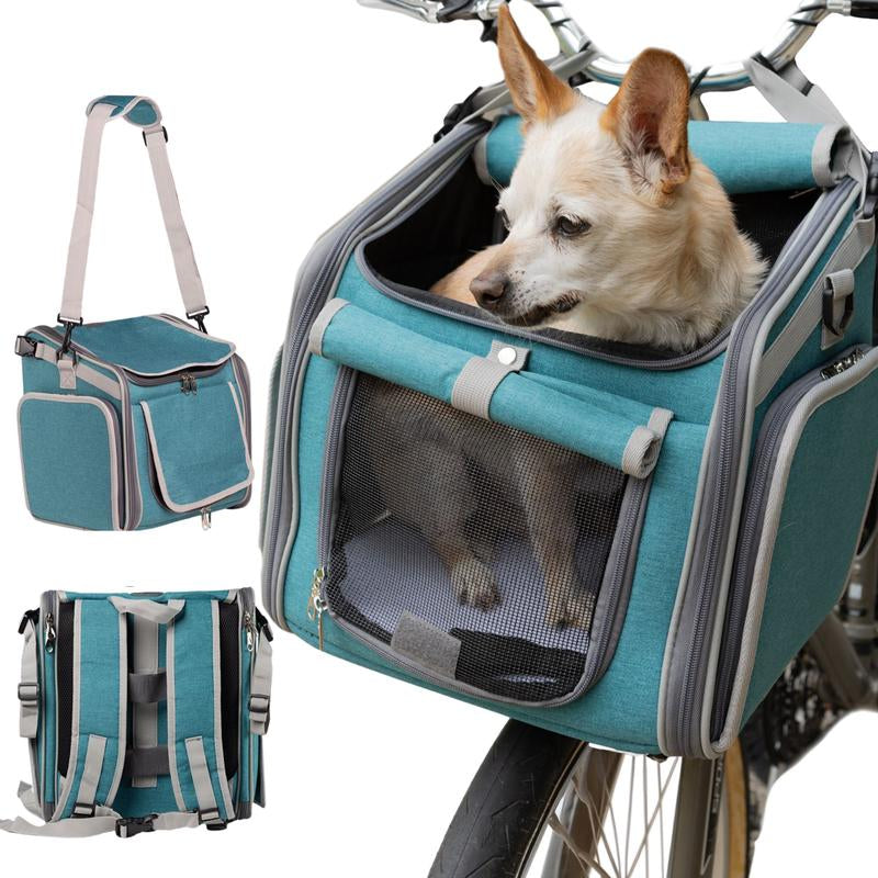 Dog Basket for Bike - 4-In-1 Pet Carrier Backpack & Puppy Car Seat for Hiking, Biking, Camping - Soft, Expandable, Collapsible - Scooter E-Bike Bicycle Carrier Cats, Small to Medium Pups