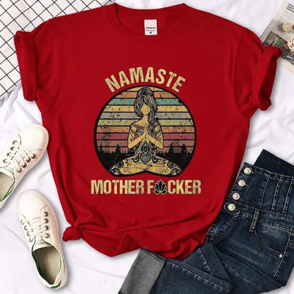 Vintage Namaste Mother Explicit Pattern Women T-Shirt O-Neck Creative T Shirts Casual Comfort Fashion Womenswear Comfortable Everyday Fit Top Piece Chic Day Lady Streetwear Tshirt Summer Crewneck