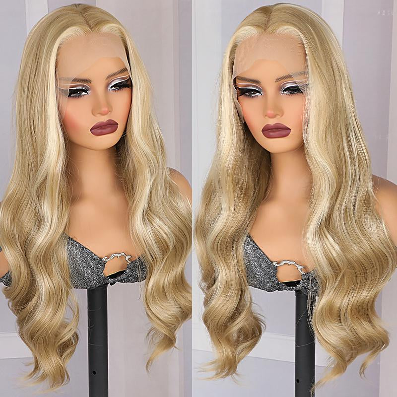 26Inch Platinum Lace Front Wig Highlight Honey Blonde 13X4 Ombre Color Long Body Wave Heat Resistant Glueless Synthetic Lace Front Wigs for Women