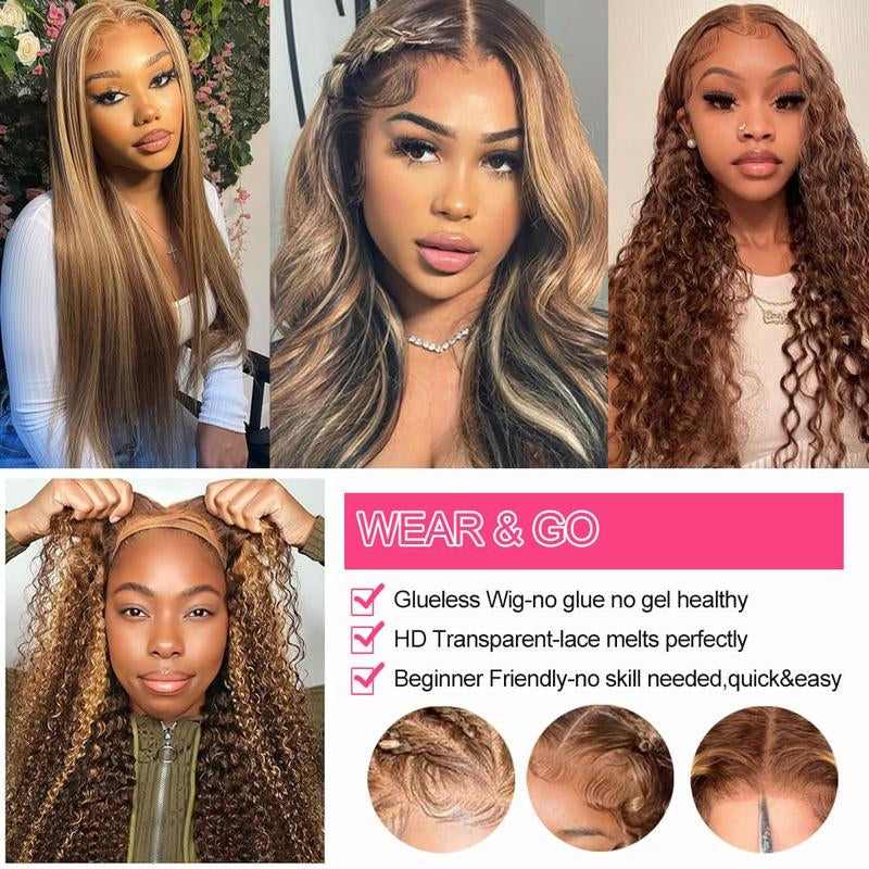 5X5 Wear and Go Glueless Wigs Human Hair Pre Plucked Pre Cut Highlight Blonde Water Wave Lace Front Wigs Human Hair HD Lace Closure Ombre Wig Human Hair Curly Lace Closure Human Hair Wig 22 Inch