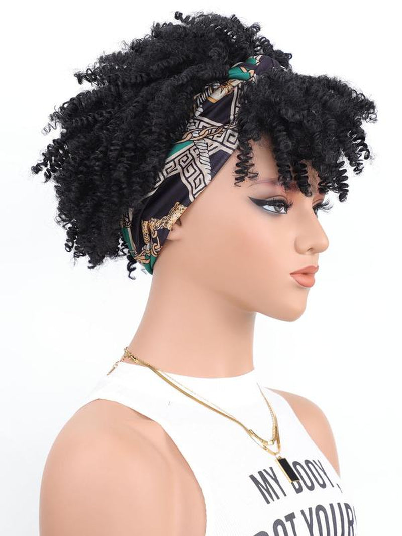 11.42 Inch Black Coily Short Afro Puff Head Wrap Human Hair Wigs, Heat Resistant Fiber Wigs for Women, Synthetic Full Machine Wigs for Party, Daily