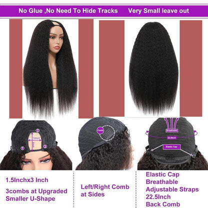 Vipbeauty U Part Human Hair Wig Body Wave/Yaki Straight Natural Black U Part Wigs for Women 10A U-Part Half Wigs Upgraded 1.5''X 3''Middle U Shape Wig Real Human Hair Extensions Glueless Human Hair Wigs 150% Density