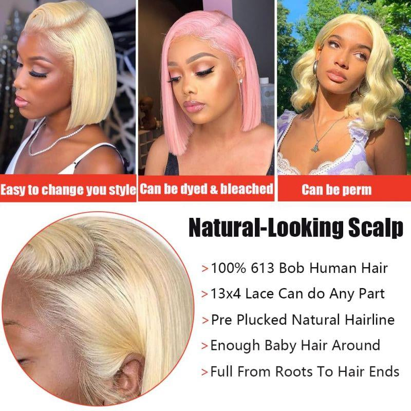 613 Blonde Bob Wigs Human Hair 13X4 Transparent Lace Front Wig Straight Bob Wigs Human Hair Pre Plucked with Baby Hair 180 Density