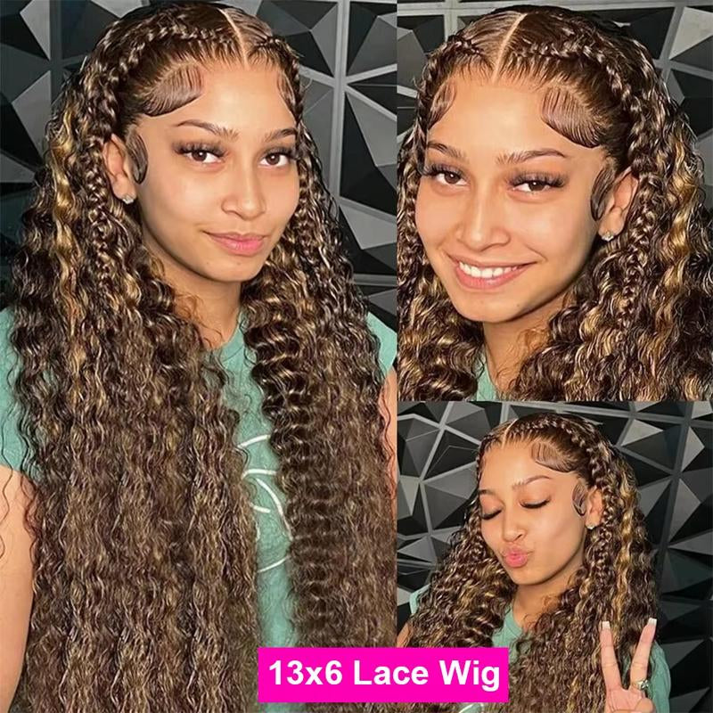 P4/27 Highlight Ombre 13X6 Transparent Lace Front Human Hair Wigs 180% Density Brazilian Water Wave Lace Frontal Wig with Baby Hair 18-32 Inch Curly