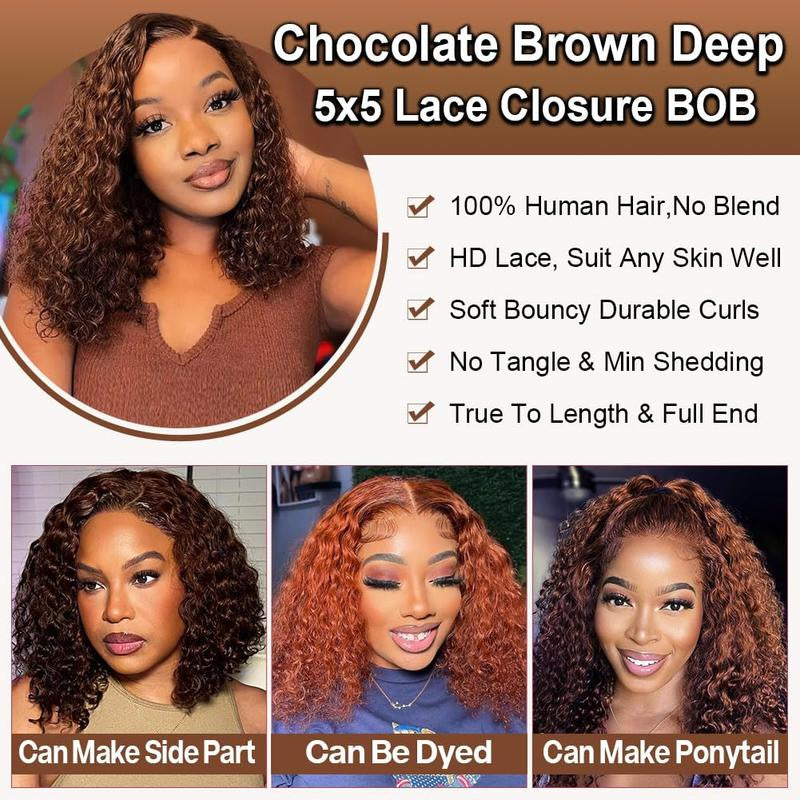 Omswet Chocolate Brown 5X5 HD Lace Closure Wigs Human Hair Deep Wave BOB Wig Human Hair Glueless Wigs Pre Plucked Curly Wigs for Black Women Human Hair Color #4 180 Density Human Hair Wigs 16 Inch