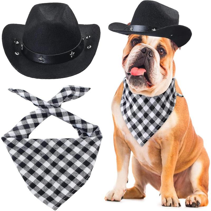 Pet Cowboy Costume Accessories Dog Cat Pet Size Cowboy Hat and Bandana Scarf West Cowboy Accessories for Puppy Kitten Party Festival and Daily Wearing Set of 2 (Coffee)