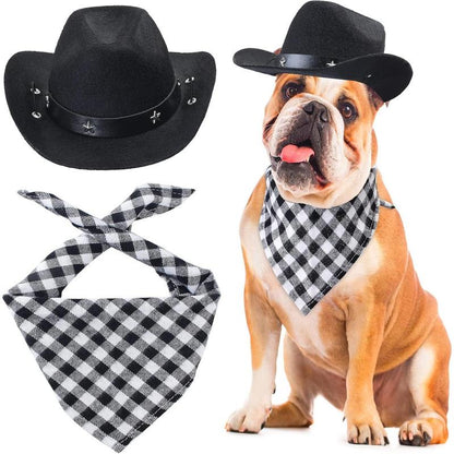 Pet Cowboy Costume Accessories Dog Cat Pet Size Cowboy Hat and Bandana Scarf West Cowboy Accessories for Puppy Kitten Party Festival and Daily Wearing Set of 2 (Coffee)