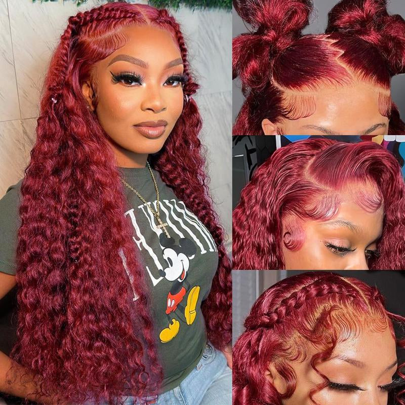 Cheetahbeauty 99J Burgundy Deep Wave Lace Front Wigs Human Hair 13X6 HD Lace Frontal Wigs Human Hair Lace Front Wigs Pre Plucked 99J Burgundy Deep Curly Wigs Human Hair Wigs for Women 180% Density