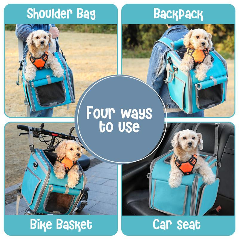 Dog Basket for Bike - 4-In-1 Pet Carrier Backpack & Puppy Car Seat for Hiking, Biking, Camping - Soft, Expandable, Collapsible - Scooter E-Bike Bicycle Carrier Cats, Small to Medium Pups