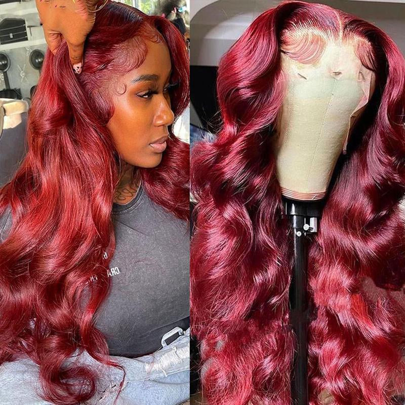 30 32Inch 180 Density 99J Burgundy Body Wave Wigs 13X4 Lace Frontal Human Hair Wigs for Women Wine Red Lace Closure Wig