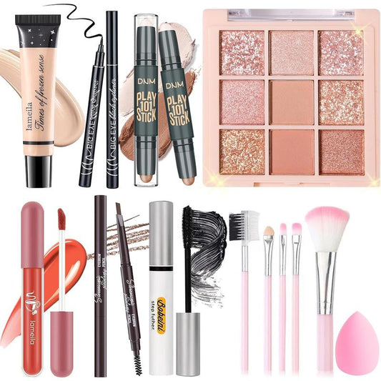 Makeup Set Kit for Women Girls Teens, Makeup Present Set, Includes 9 Color Eyeshadow, Counter Stick, Foundation, Eyebrow Pencil, Eyeliner, Mascara, Lip Gloss, 5Pcs Brushes, Sponge