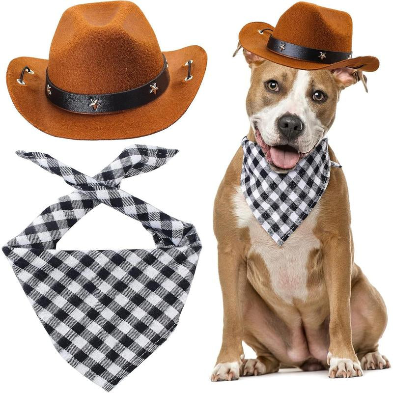 Pet Cowboy Costume Accessories Dog Cat Pet Size Cowboy Hat and Bandana Scarf West Cowboy Accessories for Puppy Kitten Party Festival and Daily Wearing Set of 2 (Coffee)