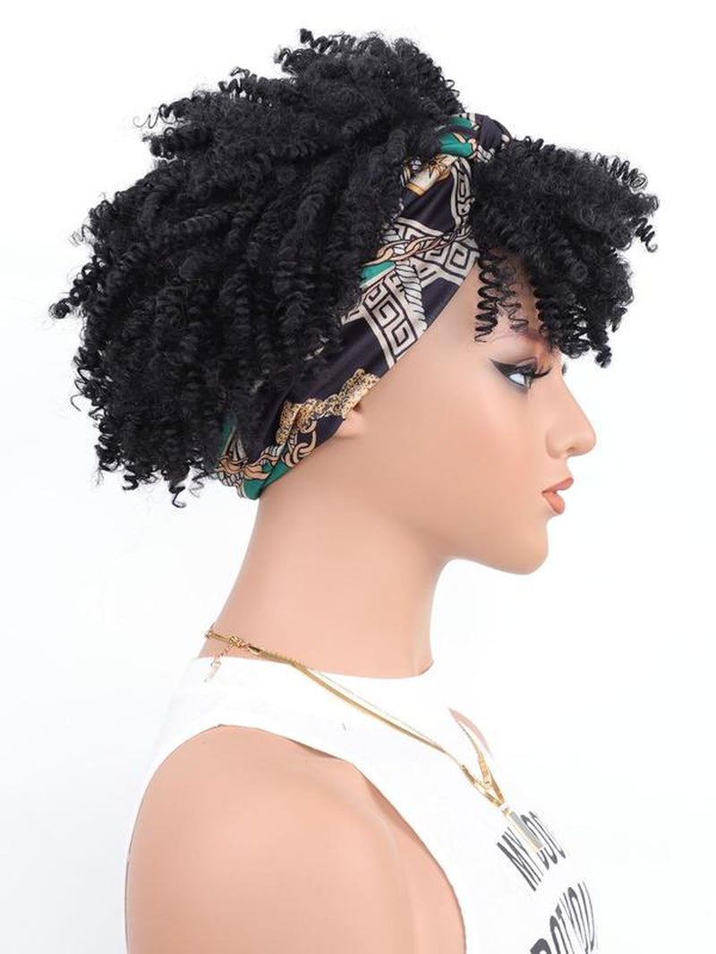 11.42 Inch Black Coily Short Afro Puff Head Wrap Human Hair Wigs, Heat Resistant Fiber Wigs for Women, Synthetic Full Machine Wigs for Party, Daily