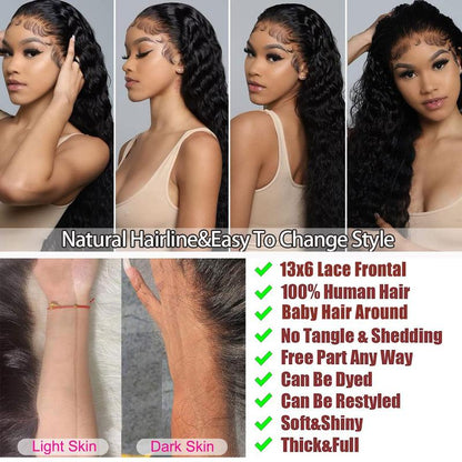 Bling Hair 13X6 Deep Wave Lace Front Wigs Human Hair 180% Density Deep Curly Transparent Lace Front Wigs Human Hair with Baby Hair Long Wavy Human Hair Wigs for Black Women Natural Color