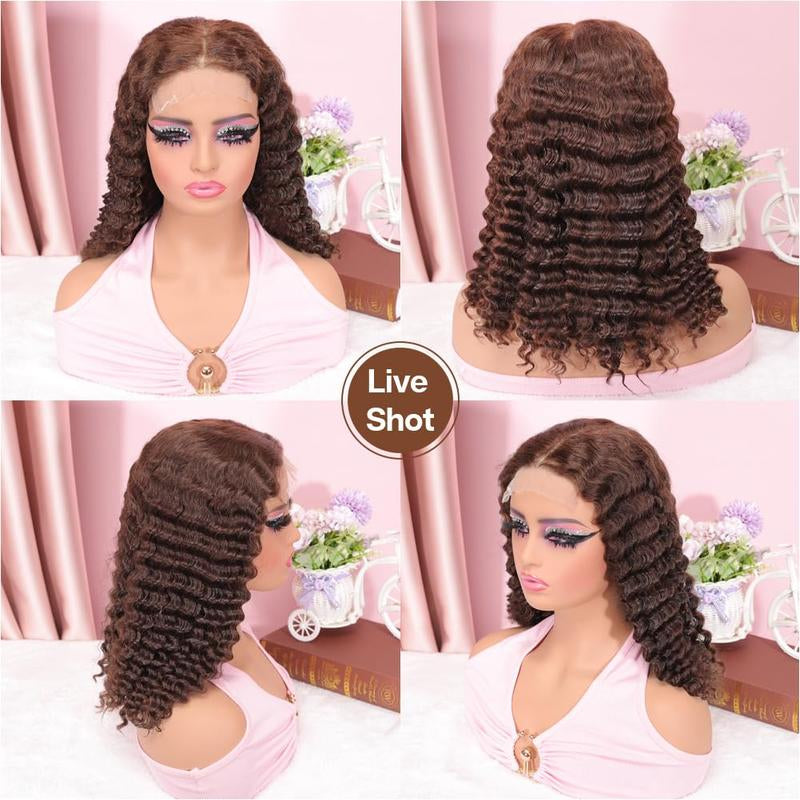 Omswet Chocolate Brown 5X5 HD Lace Closure Wigs Human Hair Deep Wave BOB Wig Human Hair Glueless Wigs Pre Plucked Curly Wigs for Black Women Human Hair Color #4 180 Density Human Hair Wigs 16 Inch