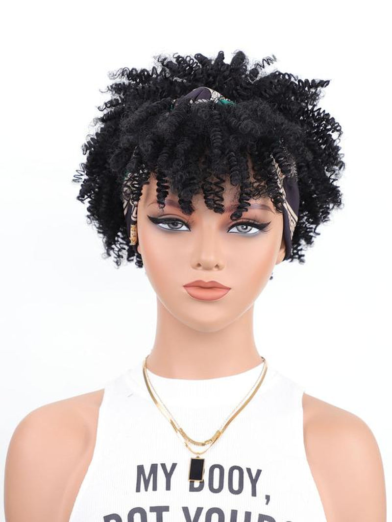 11.42 Inch Black Coily Short Afro Puff Head Wrap Human Hair Wigs, Heat Resistant Fiber Wigs for Women, Synthetic Full Machine Wigs for Party, Daily