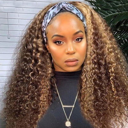 XSY Headband Wig Human Hair Kinky Curly Human Hair Wigs for Black Women None Lace Front Wigs Brazilian Virgin Human Hair Wig Curly Headband Wig 150% Density Natural Color