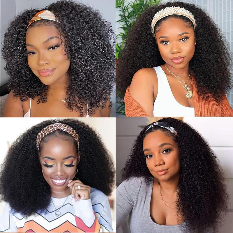 XSY Headband Wig Human Hair Kinky Curly Human Hair Wigs for Black Women None Lace Front Wigs Brazilian Virgin Human Hair Wig Curly Headband Wig 150% Density Natural Color