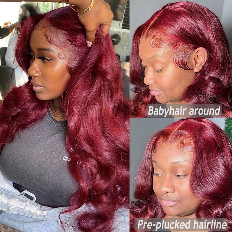 30 32Inch 180 Density 99J Burgundy Body Wave Wigs 13X4 Lace Frontal Human Hair Wigs for Women Wine Red Lace Closure Wig