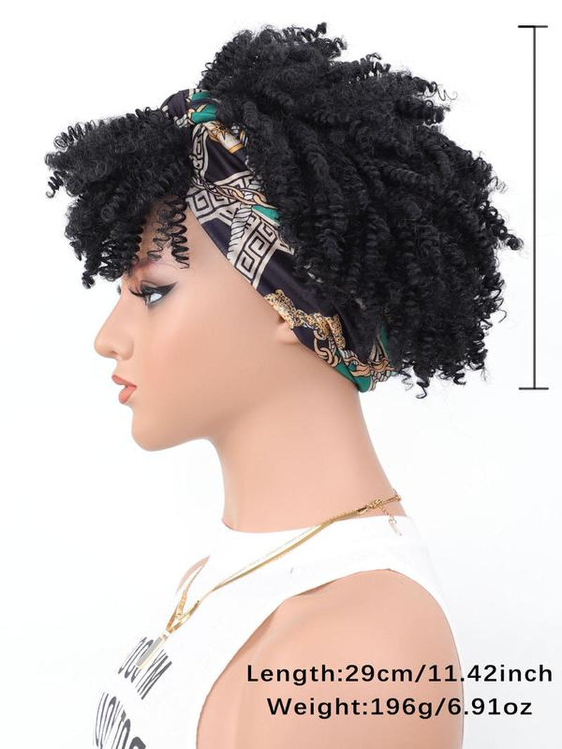 11.42 Inch Black Coily Short Afro Puff Head Wrap Human Hair Wigs, Heat Resistant Fiber Wigs for Women, Synthetic Full Machine Wigs for Party, Daily