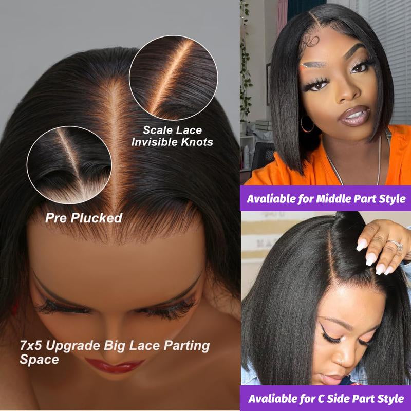 7X5 Glueless Straight Bob Wig Human Hair 200% Scale Lace Knotless Straight Blunt Cut Bone Straight Bob Wigs Preplucked Hairline with Baby Hair