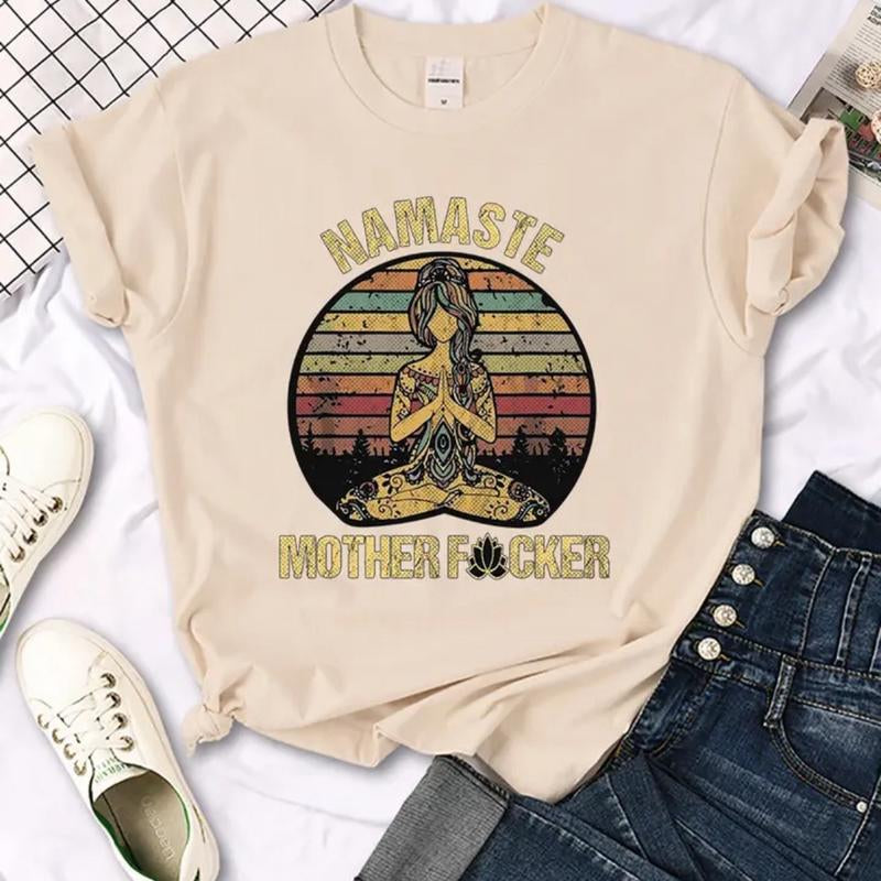 Vintage Namaste Mother Explicit Pattern Women T-Shirt O-Neck Creative T Shirts Casual Comfort Fashion Womenswear Comfortable Everyday Fit Top Piece Chic Day Lady Streetwear Tshirt Summer Crewneck