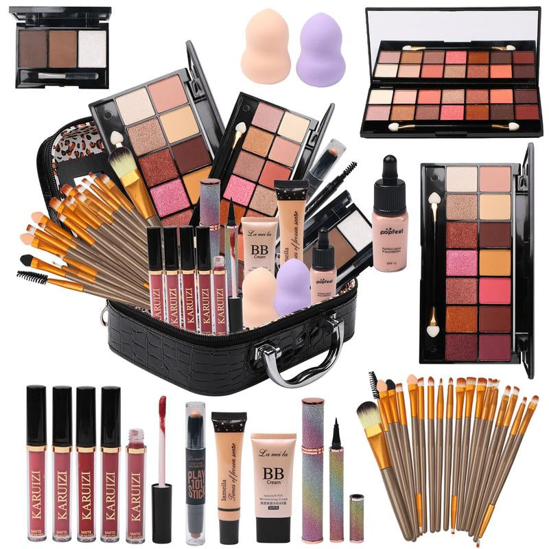 All in One Makeup Kit for Makeup Storage Bag 2X14 Colors Eyeshadow Palette Liquid Foundation Eyeliner Pencils.