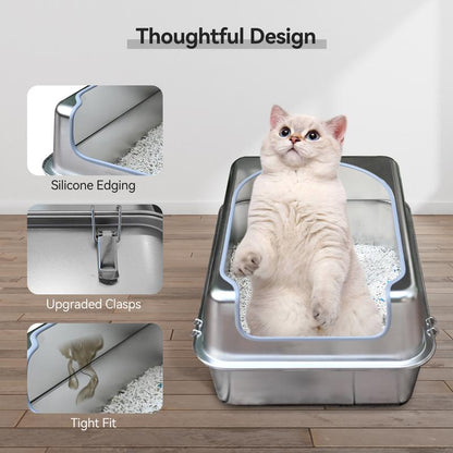 Pet Magic M Enclosed Stainless Steel Cat Litter Box with Metal Lid and Scoop,Suitable for Small Cats or Rabbits,Rust-Resistant,Odor-Control,Easy to Clean,Durable & Long-Lasting with round Edge Stainless Steel