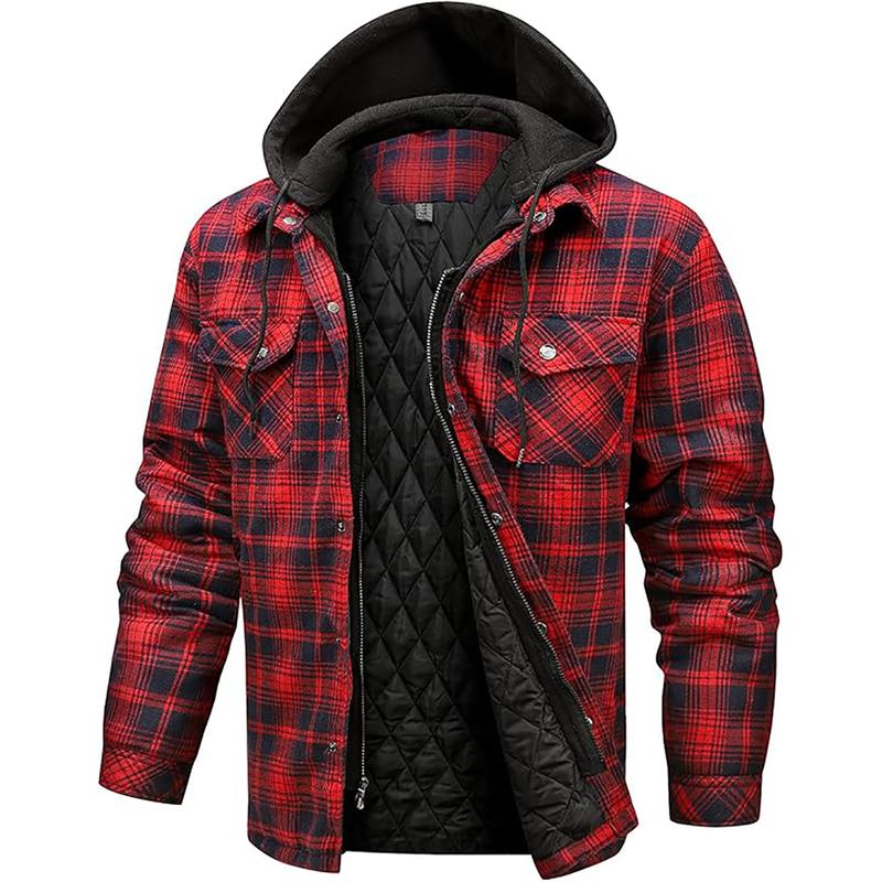 Flannel Jackets for Men Long Sleeve Plaid Shirt Jacket Quilt Lined Hooded with Button down Winter Coat Menswear Longsleeves Casual Pocket Classic Cotton Sports Medium Polyester Stylish