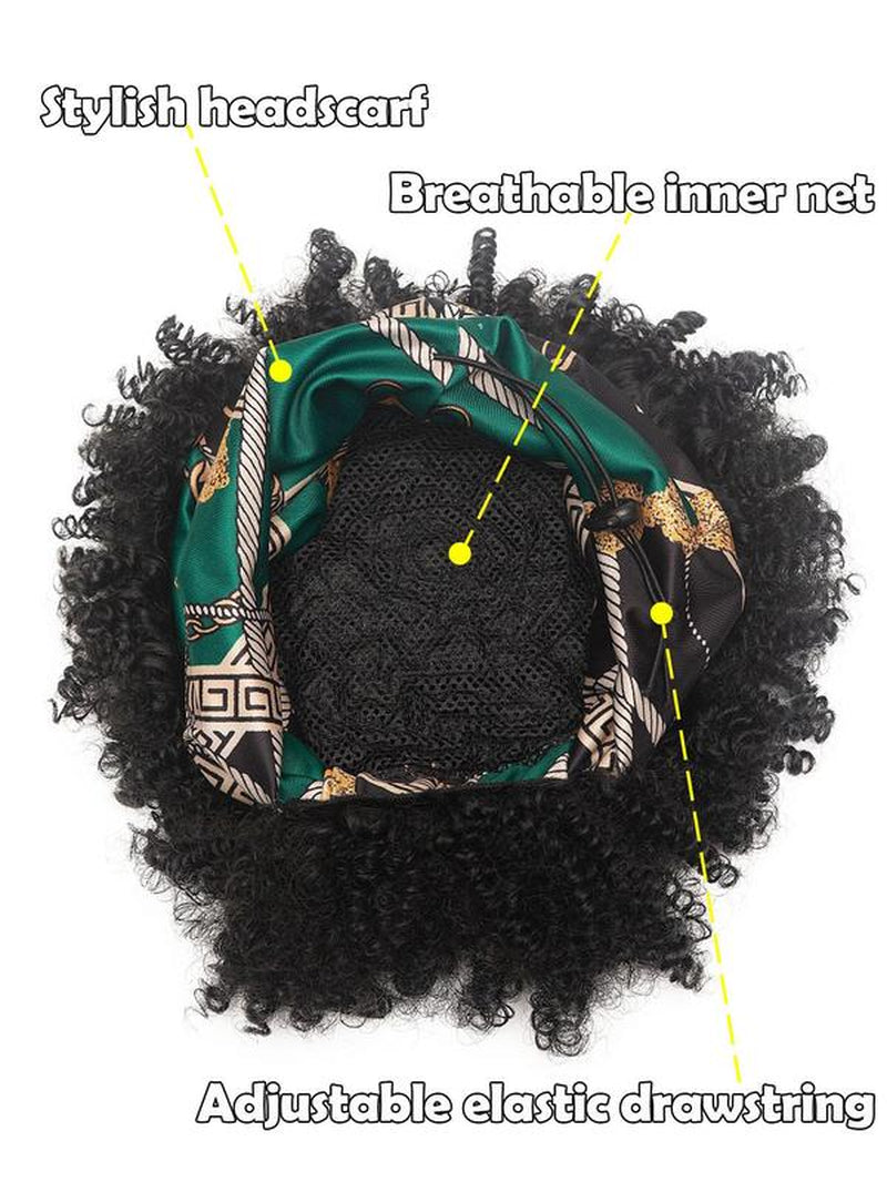 11.42 Inch Black Coily Short Afro Puff Head Wrap Human Hair Wigs, Heat Resistant Fiber Wigs for Women, Synthetic Full Machine Wigs for Party, Daily