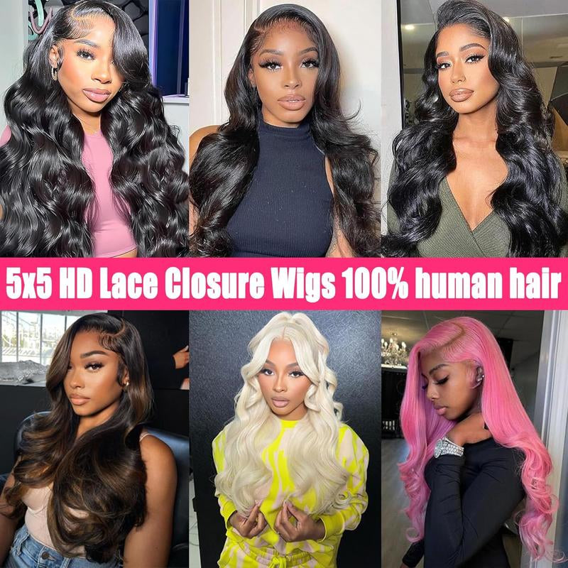 Glueless Wigs Human Hair Pre Plucked Pre Cut 5X5 HD Lace Closure Wigs Human Hair 26 Inch Wear and Go Body Wave Lace Front Wigs Human Hair for Black Women 180 Density Natural Black