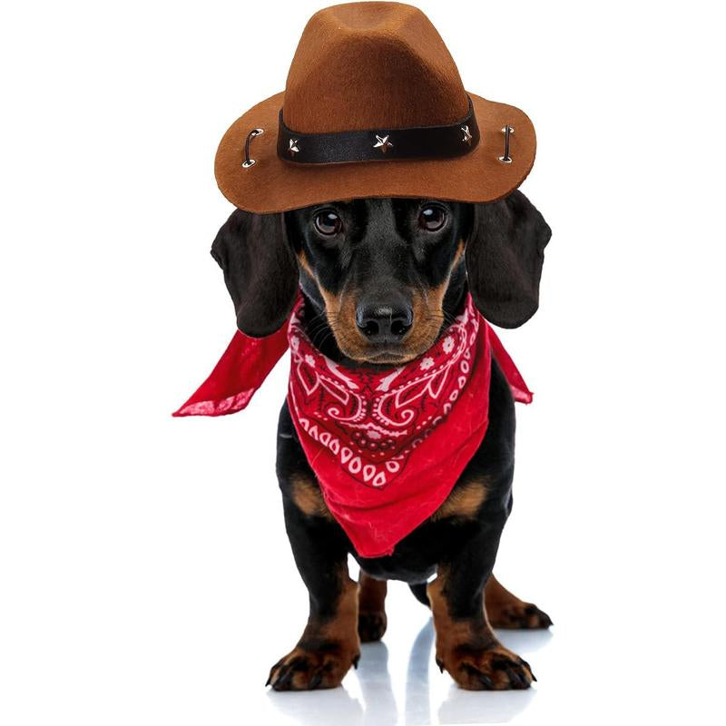 Pet Cowboy Costume Accessories Dog Cat Pet Size Cowboy Hat and Bandana Scarf West Cowboy Accessories for Puppy Kitten Party Festival and Daily Wearing Set of 2 (Coffee)