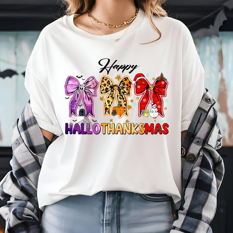 Happy Hallothanksmas Coquette Bow Shirt, Halloween Thanksgiving Christmas Gift, Combination Pumpkin Spice, Snowmen, Pie Sweatshirt