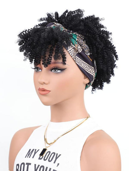 11.42 Inch Black Coily Short Afro Puff Head Wrap Human Hair Wigs, Heat Resistant Fiber Wigs for Women, Synthetic Full Machine Wigs for Party, Daily