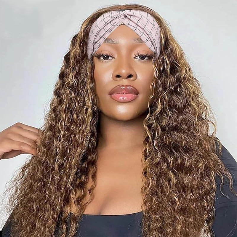 Headband Wig Human Hair Deep Wave 20 Inch Human Hair Headband Wig Glueless Curly Hair Human Hair Wigs None Lace Front Wigs Human Hair for Black Women Human Hair Natural Color