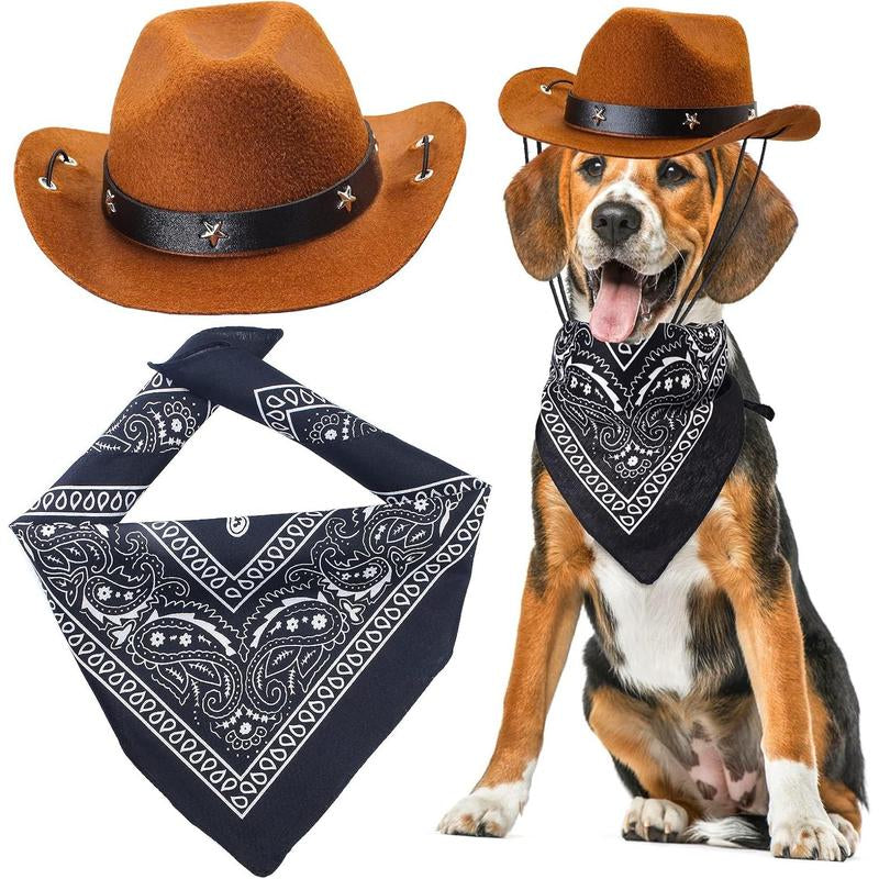 Pet Cowboy Costume Accessories Dog Cat Pet Size Cowboy Hat and Bandana Scarf West Cowboy Accessories for Puppy Kitten Party Festival and Daily Wearing Set of 2 (Coffee)