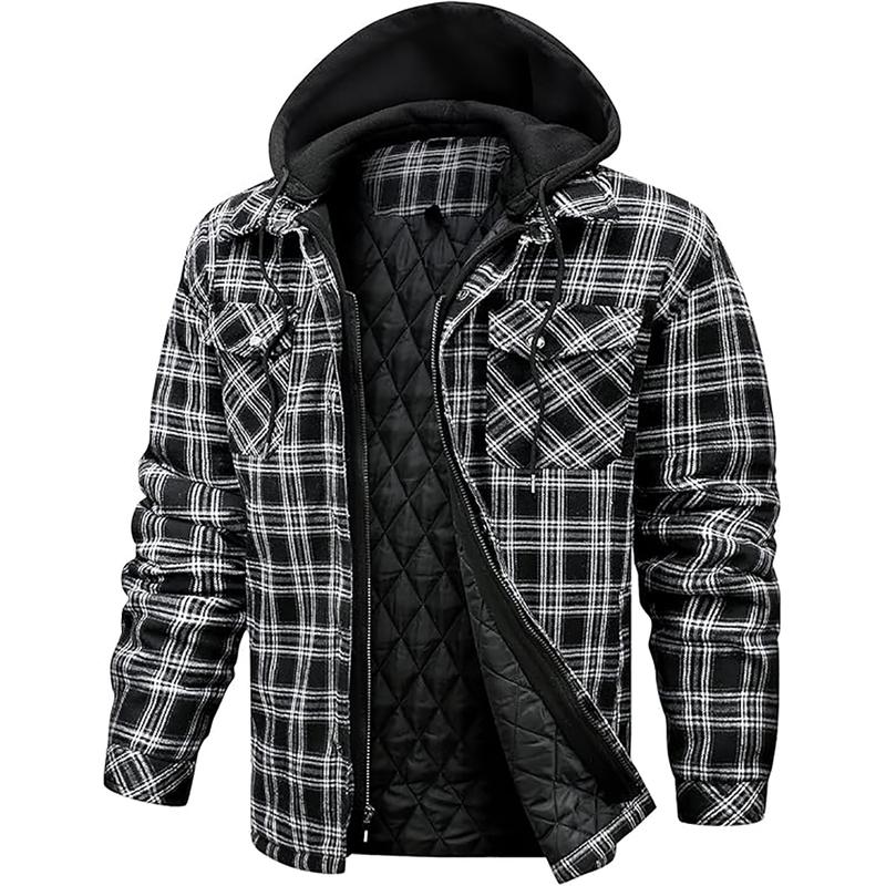 Flannel Jackets for Men Long Sleeve Plaid Shirt Jacket Quilt Lined Hooded with Button down Winter Coat Menswear Longsleeves Casual Pocket Classic Cotton Sports Medium Polyester Stylish