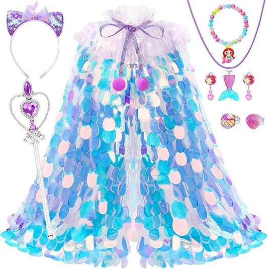 【Halloween Gift】Oharlobe Princess Dress up for Girls 4-6, Mermaid Toddler Toys for Ages 3-8, 8 Pcs Shiney Sequin Princess Cape Set Kids Toys, Princess Girl Toys for Easter Halloween Birthday Christmas Gifts Party Favors