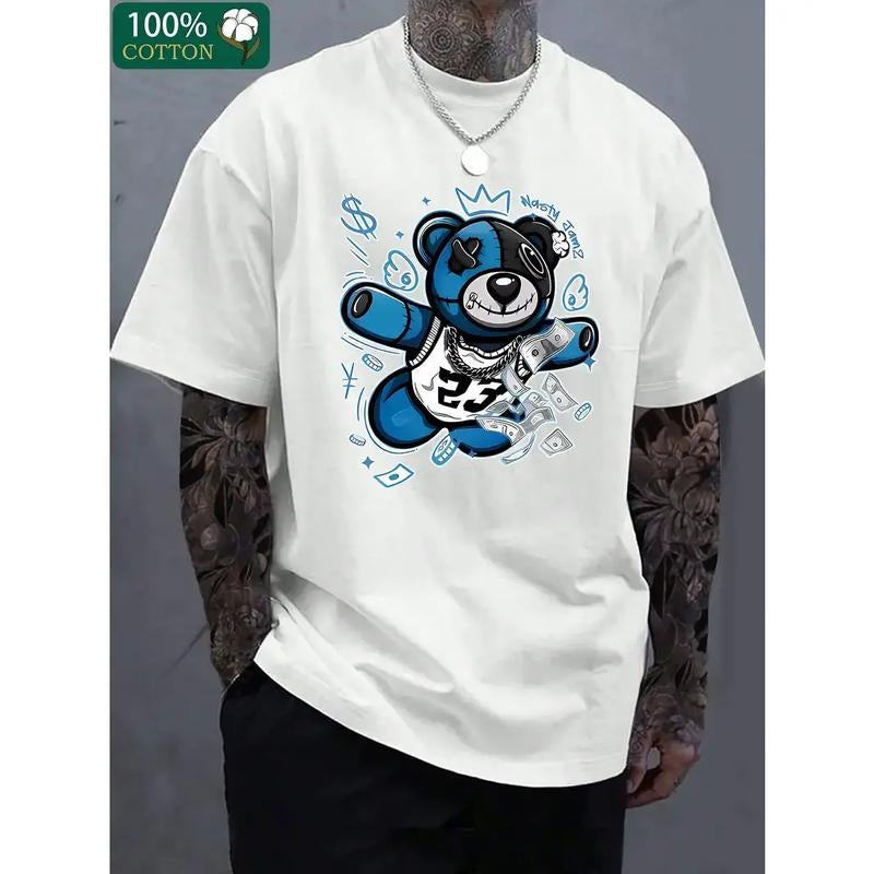 Bear and Money Fly Graphic Print, Boutique 220G Thickened Cotton T-Shirt, Men'S Fashion Casual Cotton T-Shirt, Short-Sleeved Crewneck T-Shirt