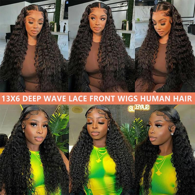 Bling Hair 13X6 Deep Wave Lace Front Wigs Human Hair 180% Density Deep Curly Transparent Lace Front Wigs Human Hair with Baby Hair Long Wavy Human Hair Wigs for Black Women Natural Color