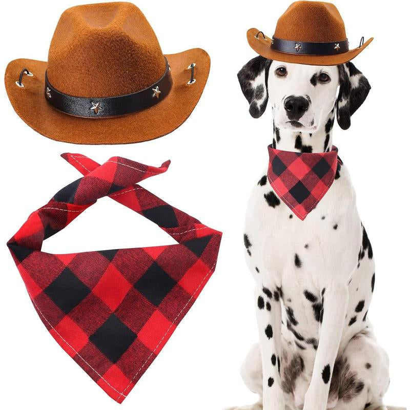 Pet Cowboy Costume Accessories Dog Cat Pet Size Cowboy Hat and Bandana Scarf West Cowboy Accessories for Puppy Kitten Party Festival and Daily Wearing Set of 2 (Coffee)