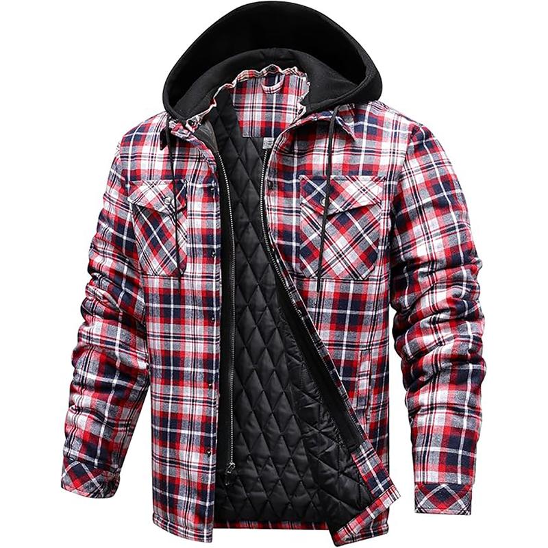 Flannel Jackets for Men Long Sleeve Plaid Shirt Jacket Quilt Lined Hooded with Button down Winter Coat Menswear Longsleeves Casual Pocket Classic Cotton Sports Medium Polyester Stylish