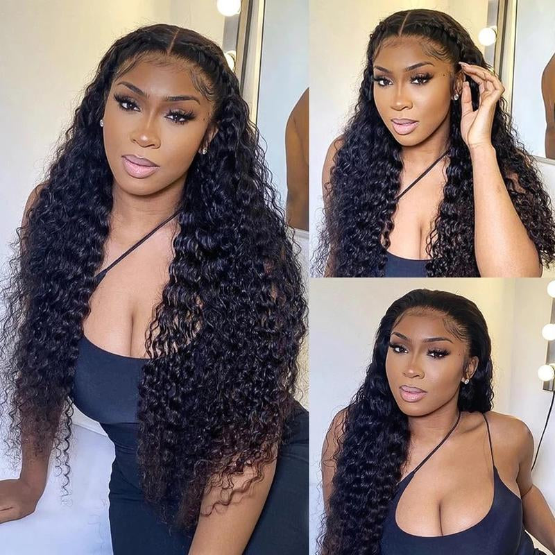 Bling Hair 13X6 Deep Wave Lace Front Wigs Human Hair 180% Density Deep Curly Transparent Lace Front Wigs Human Hair with Baby Hair Long Wavy Human Hair Wigs for Black Women Natural Color