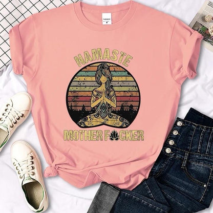 Vintage Namaste Mother Explicit Pattern Women T-Shirt O-Neck Creative T Shirts Casual Comfort Fashion Womenswear Comfortable Everyday Fit Top Piece Chic Day Lady Streetwear Tshirt Summer Crewneck