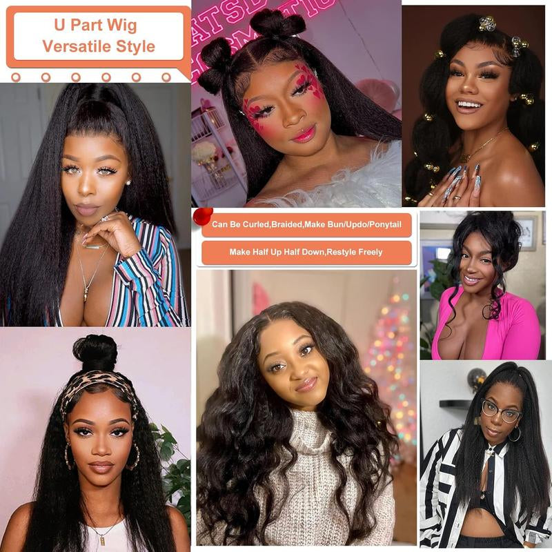 Vipbeauty U Part Human Hair Wig Body Wave/Yaki Straight Natural Black U Part Wigs for Women 10A U-Part Half Wigs Upgraded 1.5''X 3''Middle U Shape Wig Real Human Hair Extensions Glueless Human Hair Wigs 150% Density