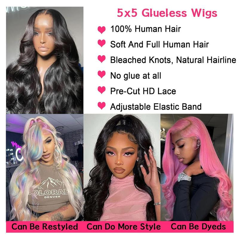 Glueless Wigs Human Hair Pre Plucked Pre Cut 5X5 HD Lace Closure Wigs Human Hair 26 Inch Wear and Go Body Wave Lace Front Wigs Human Hair for Black Women 180 Density Natural Black