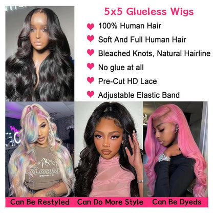 Glueless Wigs Human Hair Pre Plucked Pre Cut 5X5 HD Lace Closure Wigs Human Hair 26 Inch Wear and Go Body Wave Lace Front Wigs Human Hair for Black Women 180 Density Natural Black