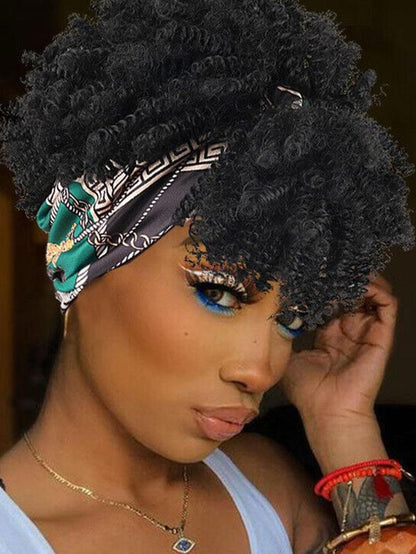 11.42 Inch Black Coily Short Afro Puff Head Wrap Human Hair Wigs, Heat Resistant Fiber Wigs for Women, Synthetic Full Machine Wigs for Party, Daily