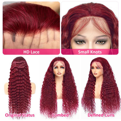 Cheetahbeauty 99J Burgundy Deep Wave Lace Front Wigs Human Hair 13X6 HD Lace Frontal Wigs Human Hair Lace Front Wigs Pre Plucked 99J Burgundy Deep Curly Wigs Human Hair Wigs for Women 180% Density