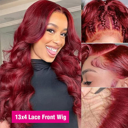 30 32Inch 180 Density 99J Burgundy Body Wave Wigs 13X4 Lace Frontal Human Hair Wigs for Women Wine Red Lace Closure Wig